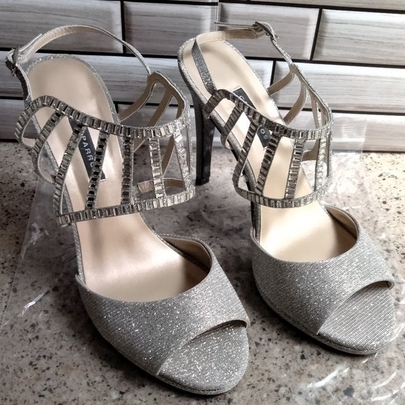 Silver / Rectangular Jewel Rhinestones Open Toe Evening Heel - Picture 1 of 5